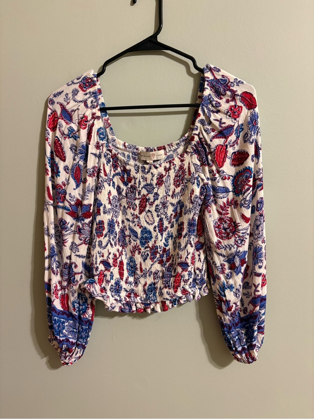 Penelope Rose Floral Smocked Long Sleeve Crop Top Square Neck Boho Small